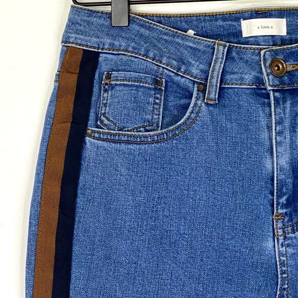 A Loves A Tuxedo Stripe Jeans Womens Sz 28 Blue Mid Rise Straight Leg Stretch - Picture 3 of 9